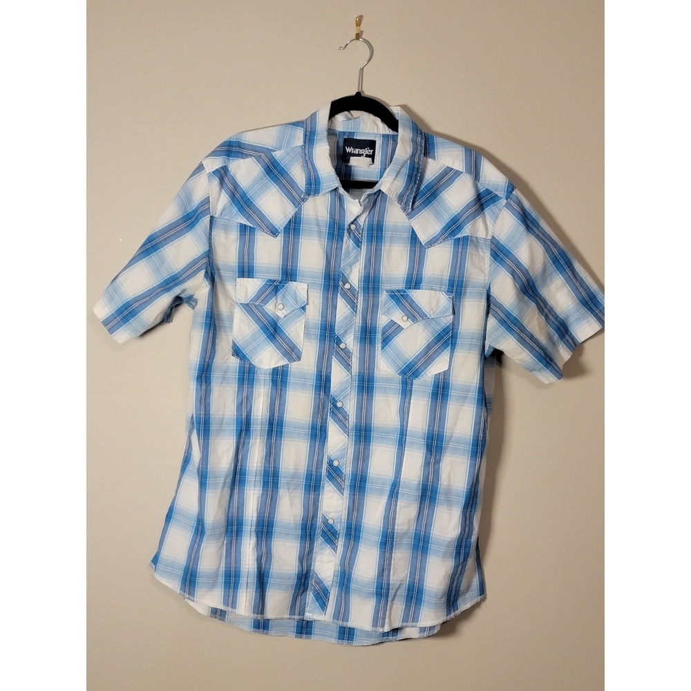 Wrangler Shirt Mens‎ Large Blue Plaid Western Pearl Snap Short Sleeve Rodeo
